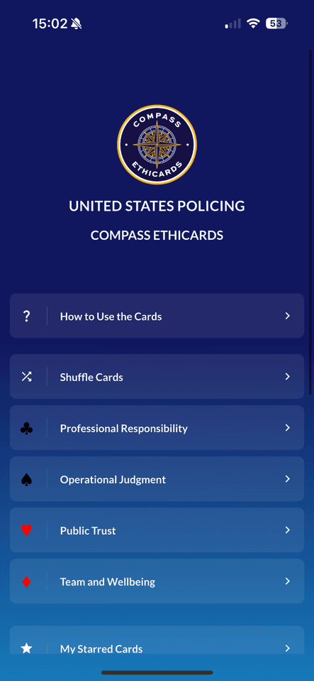 EthiCards app menu