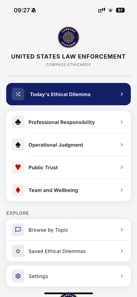 EthiCards app menu